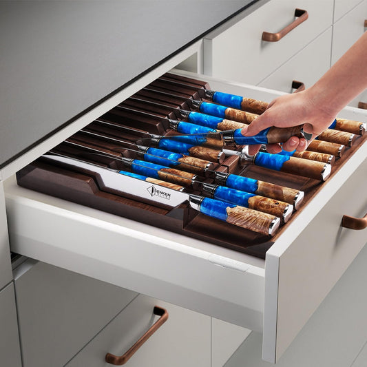 SENKEN In-Drawer Knife Block, Natural Acacia Wood Kitchen Knife Drawer Organizer, Holds 16 Knives + 1 Sharpener Slot for 17 Total Slots, Includes Steak Knife Slots, Space Saving Knife Storage Solution