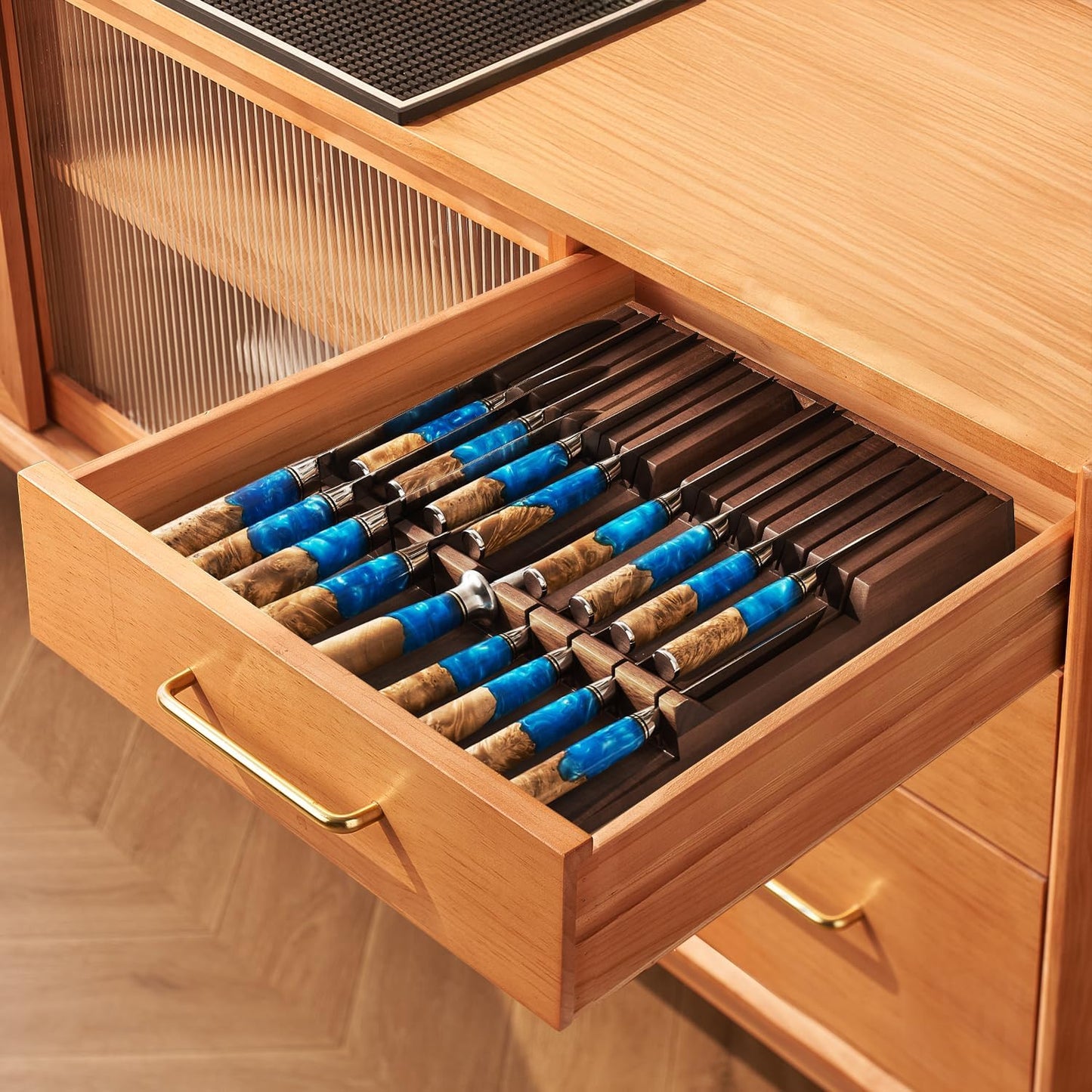 SENKEN In-Drawer Knife Block, Natural Acacia Wood Kitchen Knife Drawer Organizer, Holds 16 Knives + 1 Sharpener Slot for 17 Total Slots, Includes Steak Knife Slots, Space Saving Knife Storage Solution