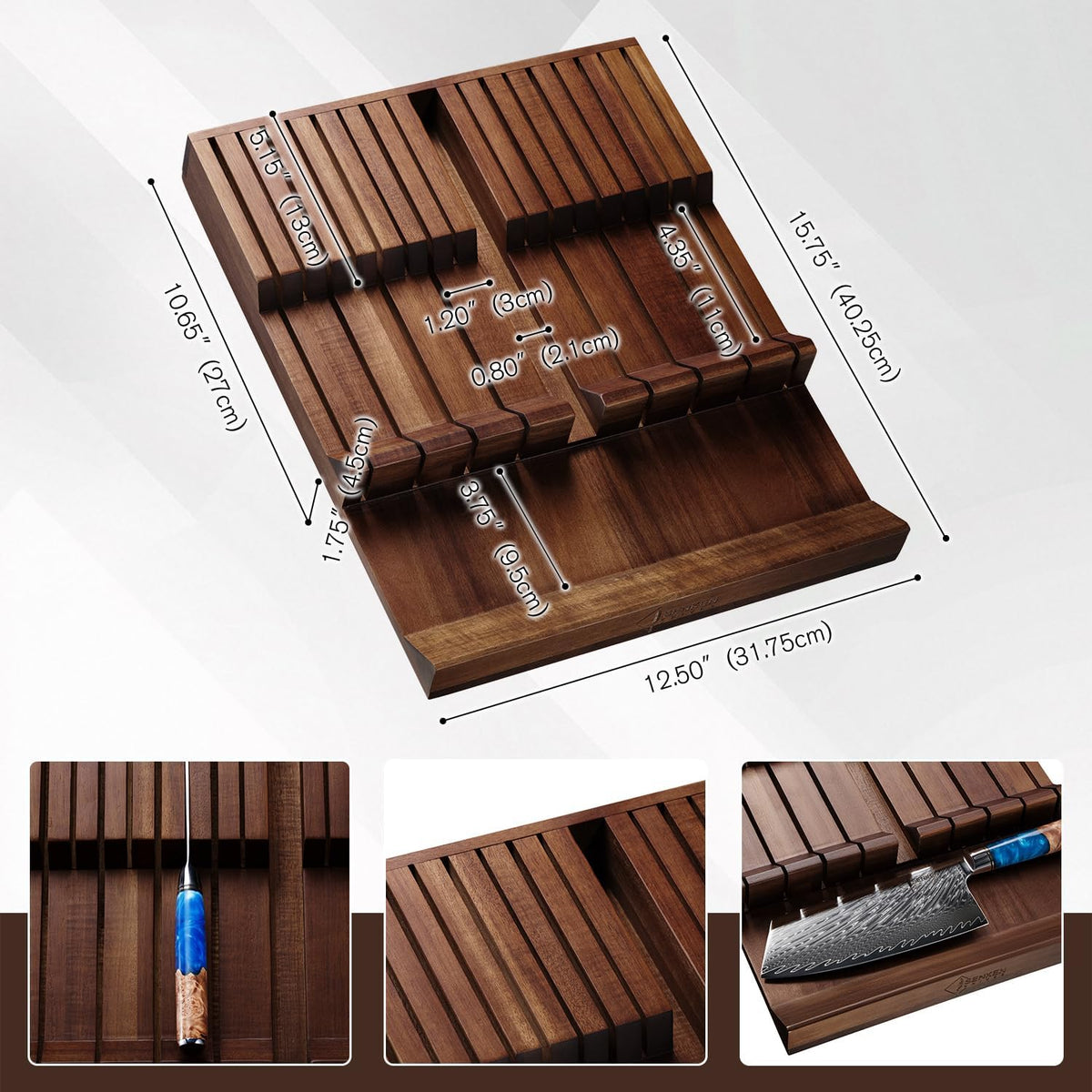 SENKEN In-Drawer Knife Block, Natural Acacia Wood Kitchen Knife Drawer Organizer, Holds 16 Knives + 1 Sharpener Slot for 17 Total Slots, Includes Steak Knife Slots, Space Saving Knife Storage Solution