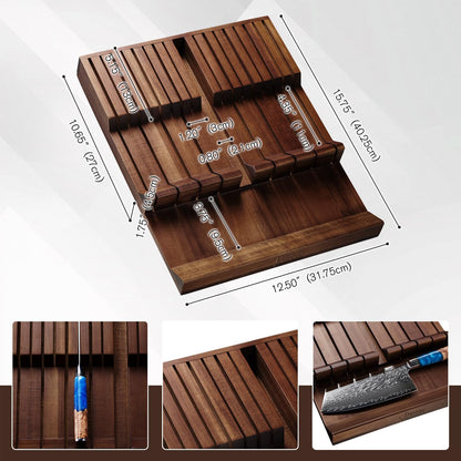 SENKEN In-Drawer Knife Block, Natural Acacia Wood Kitchen Knife Drawer Organizer, Holds 16 Knives + 1 Sharpener Slot for 17 Total Slots, Includes Steak Knife Slots, Space Saving Knife Storage Solution