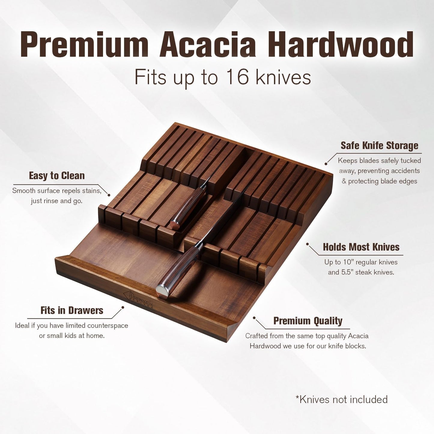 SENKEN In-Drawer Knife Block, Natural Acacia Wood Kitchen Knife Drawer Organizer, Holds 16 Knives + 1 Sharpener Slot for 17 Total Slots, Includes Steak Knife Slots, Space Saving Knife Storage Solution