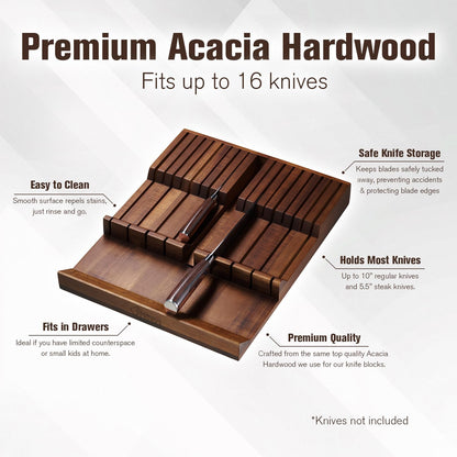 SENKEN In-Drawer Knife Block, Natural Acacia Wood Kitchen Knife Drawer Organizer, Holds 16 Knives + 1 Sharpener Slot for 17 Total Slots, Includes Steak Knife Slots, Space Saving Knife Storage Solution
