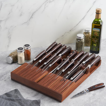 SENKEN In-Drawer Knife Block, Natural Acacia Wood Kitchen Knife Drawer Organizer, Holds 16 Knives + 1 Sharpener Slot for 17 Total Slots, Includes Steak Knife Slots, Space Saving Knife Storage Solution