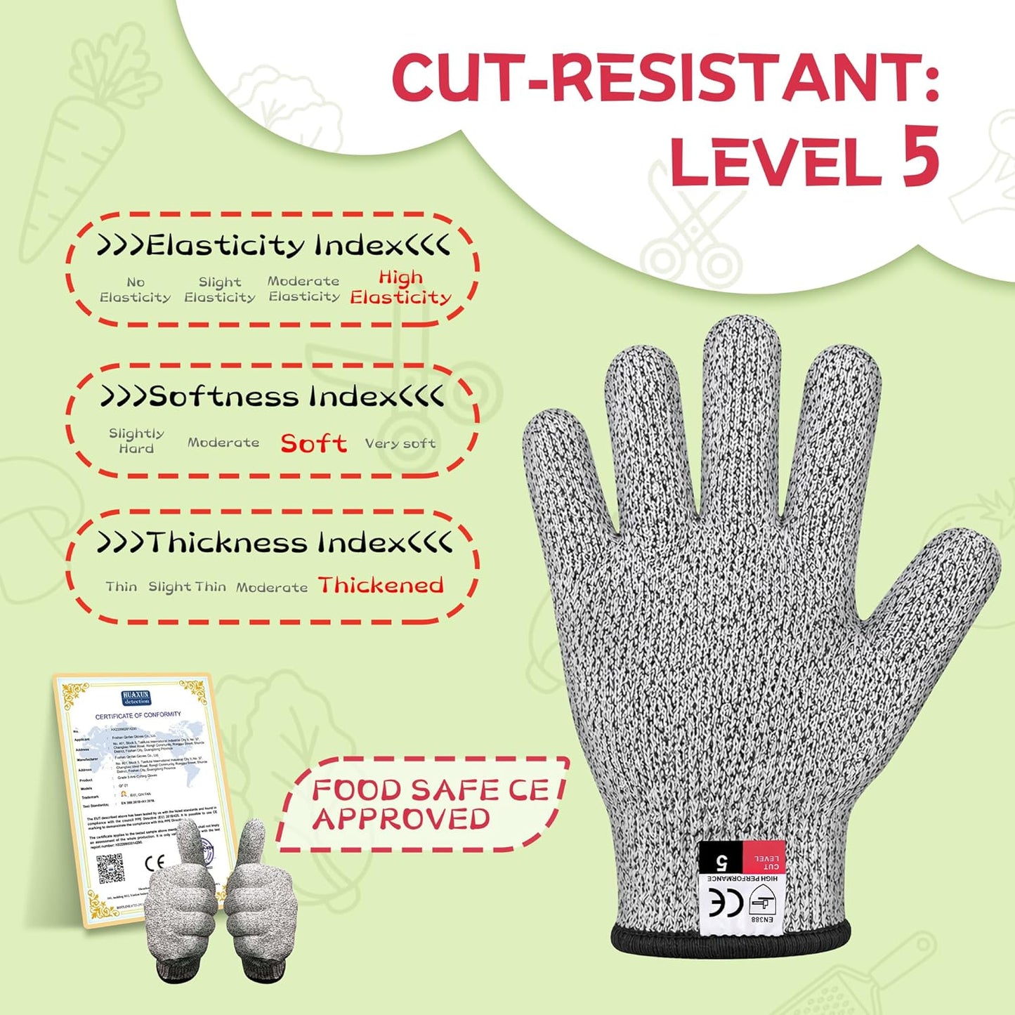 Level 5 Cut Resistant Gloves for Kitchen Food Grade, Machine Washable for Indoor&Outdoor Use