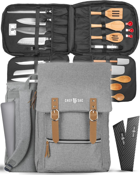 Chef Knife Bag Vintage Backpack VINTAGE, Professional Knife Carrying Case for Chefs & Culinary Students, 30+ Pockets, Holds 10" Knives, Water-Resistant 600D Material (Heather Grey)