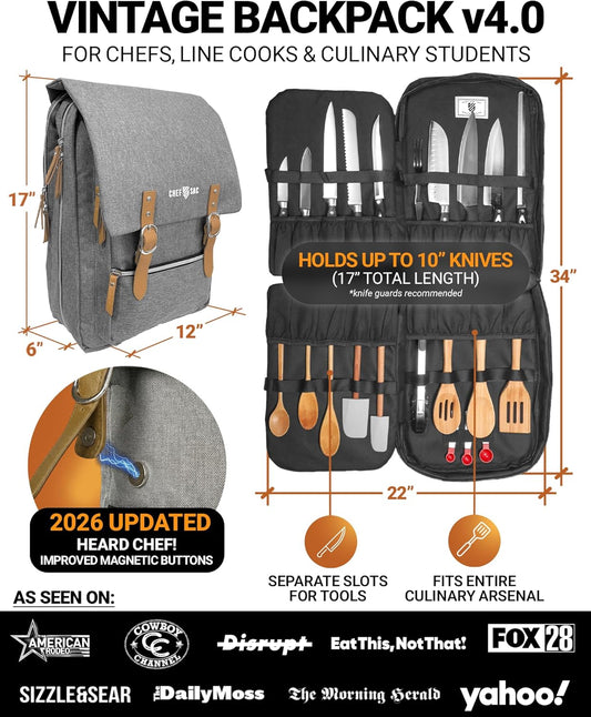 Chef Knife Bag Vintage Backpack VINTAGE, Professional Knife Carrying Case for Chefs & Culinary Students, 30+ Pockets, Holds 10" Knives, Water-Resistant 600D Material (Heather Grey)