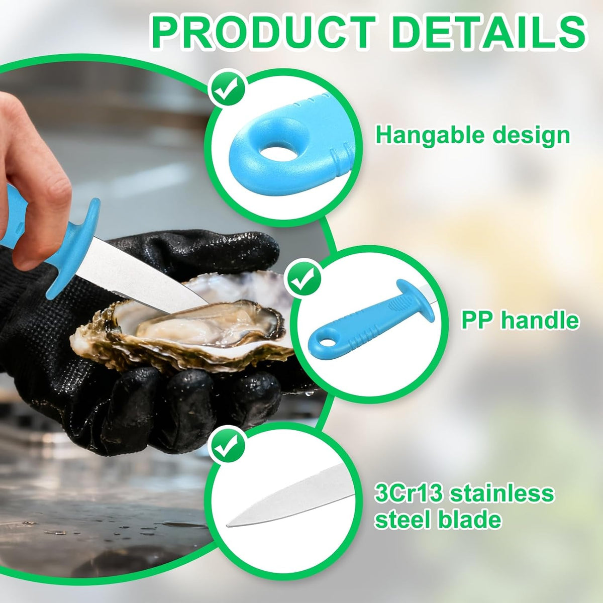 3 Pcs Stainless Steel Oyster Shucking Knife, Oyster Shucking Shell Opener Knife Non-Slip for Shellfish Opening Seafood Restaurants Home Use, Light Blue