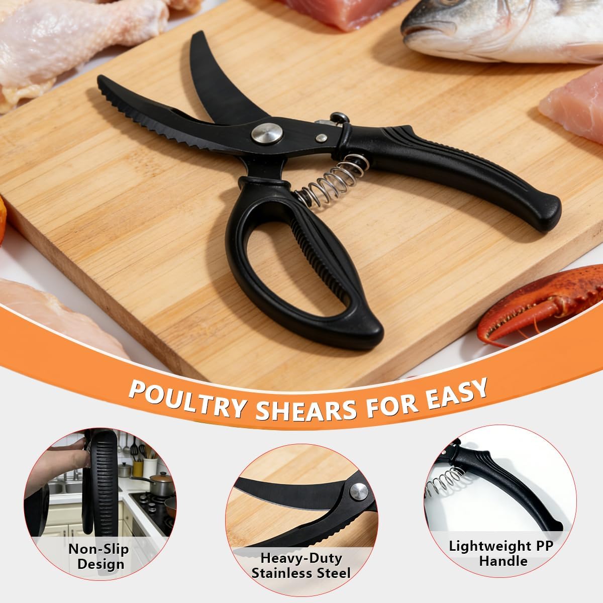 Poultry Shears Heavy Duty – Kitchen Shears with Spring Loaded, All Purpose Japanese Kitchen Scissors | SK5 Steel Kitchen Shears for Meat, Fish, Vegetables, Chicken Bones, Turkey