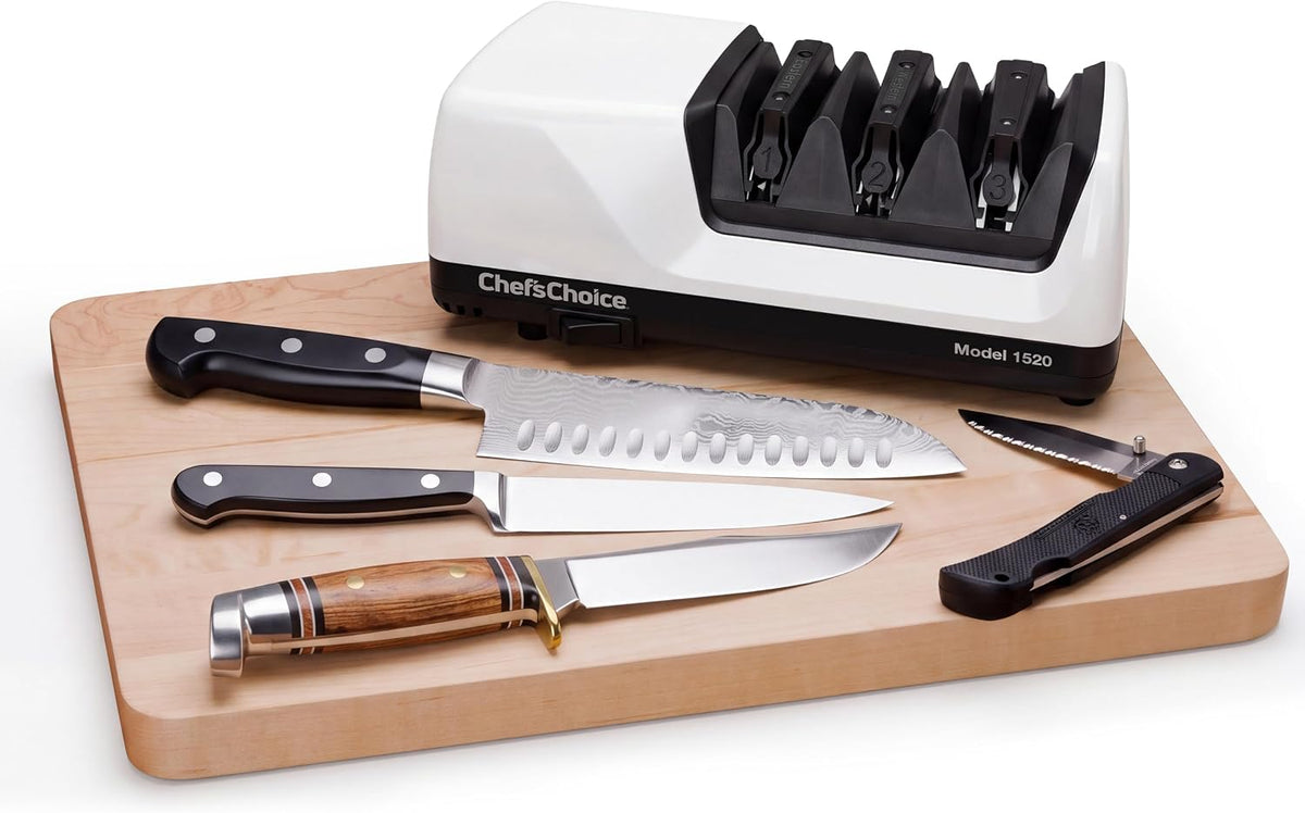 Professional Electric Knife Sharpeners for 15- and 20-Degree Straight-Edge and Serrated Knives with Diamond Abrasives & Precision Angle Control, 3-Stage, White