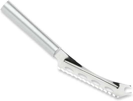 Cheese Knife (R139), Silver Handle | 5.25" Stainless Steel Serrated Blade with Ridged Cutouts and Forked End, Silver Cast Aluminum Handle