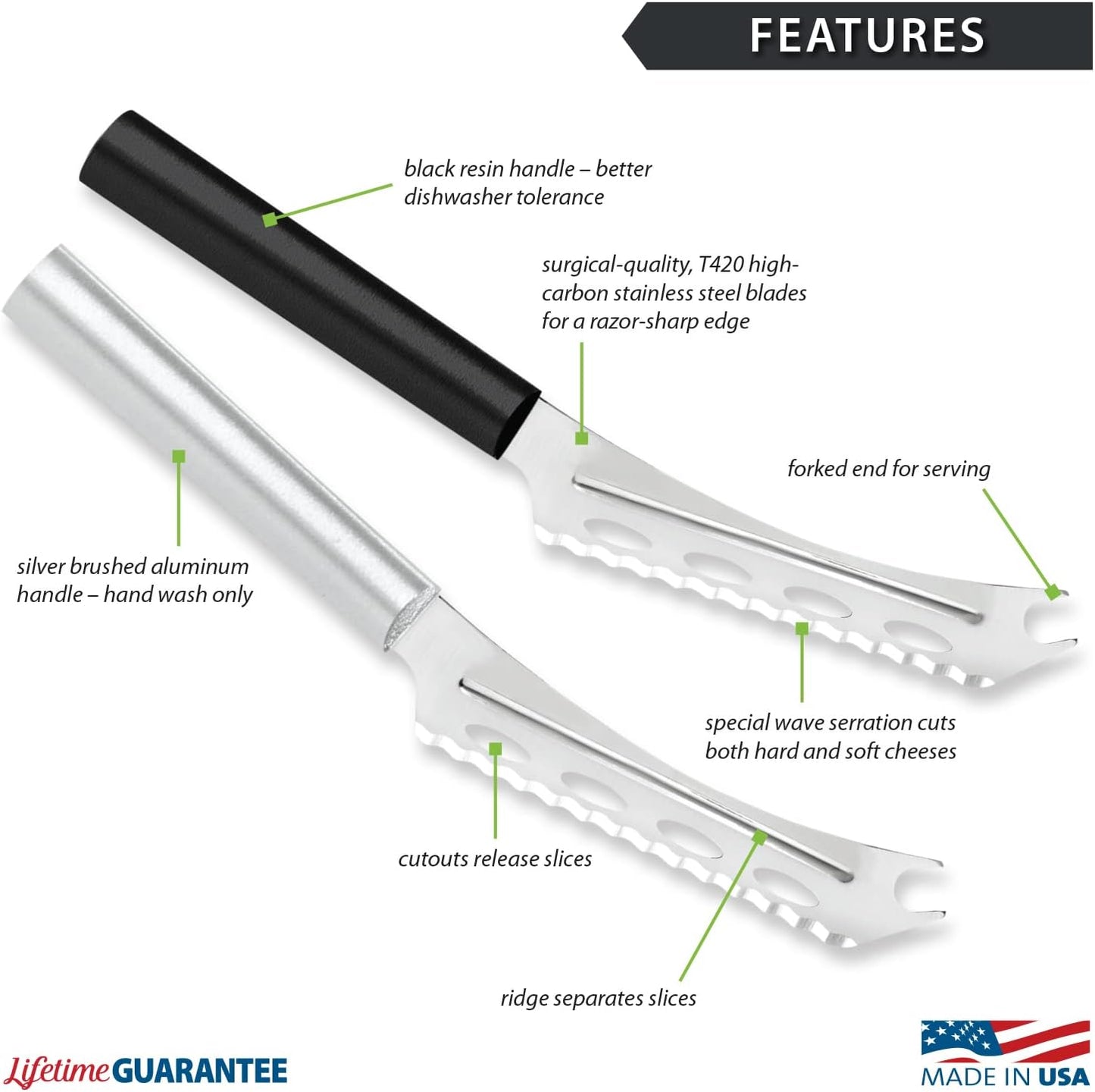 Cheese Knife (R139), Silver Handle | 5.25" Stainless Steel Serrated Blade with Ridged Cutouts and Forked End, Silver Cast Aluminum Handle