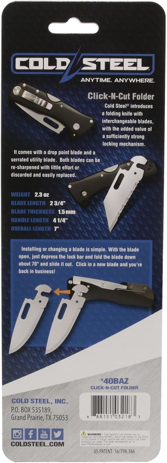 COLD STEEL Click N Cut Folder Durable Hunting & Hiking Steel 5 Oz Compact 7" Long Folding Knife with Strong Lock & 2 Interchangeable Blades