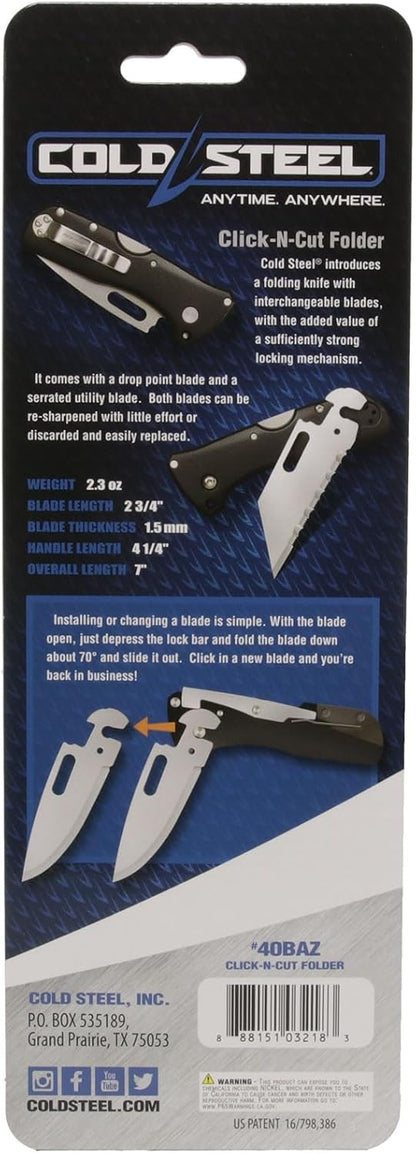 COLD STEEL Click N Cut Folder Durable Hunting & Hiking Steel 5 Oz Compact 7" Long Folding Knife with Strong Lock & 2 Interchangeable Blades