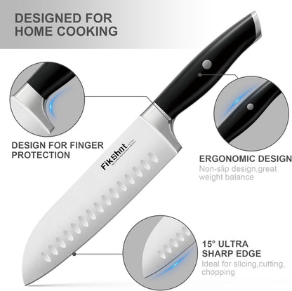 FIKSHOT 14 Pieces Knife Block Set German Stainless Steel with Sharpener | Razor-Sharp Santoku Knives, Fruit & Kitchen Knives, Rust Resistant for Homecooks, BBQ Prep (Silver + Walnut)