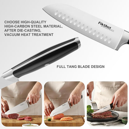 FIKSHOT 14 Pieces Knife Block Set German Stainless Steel with Sharpener | Razor-Sharp Santoku Knives, Fruit & Kitchen Knives, Rust Resistant for Homecooks, BBQ Prep (Silver + Walnut)