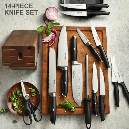 FIKSHOT 14 Pieces Knife Block Set German Stainless Steel with Sharpener | Razor-Sharp Santoku Knives, Fruit & Kitchen Knives, Rust Resistant for Homecooks, BBQ Prep (Silver + Walnut)