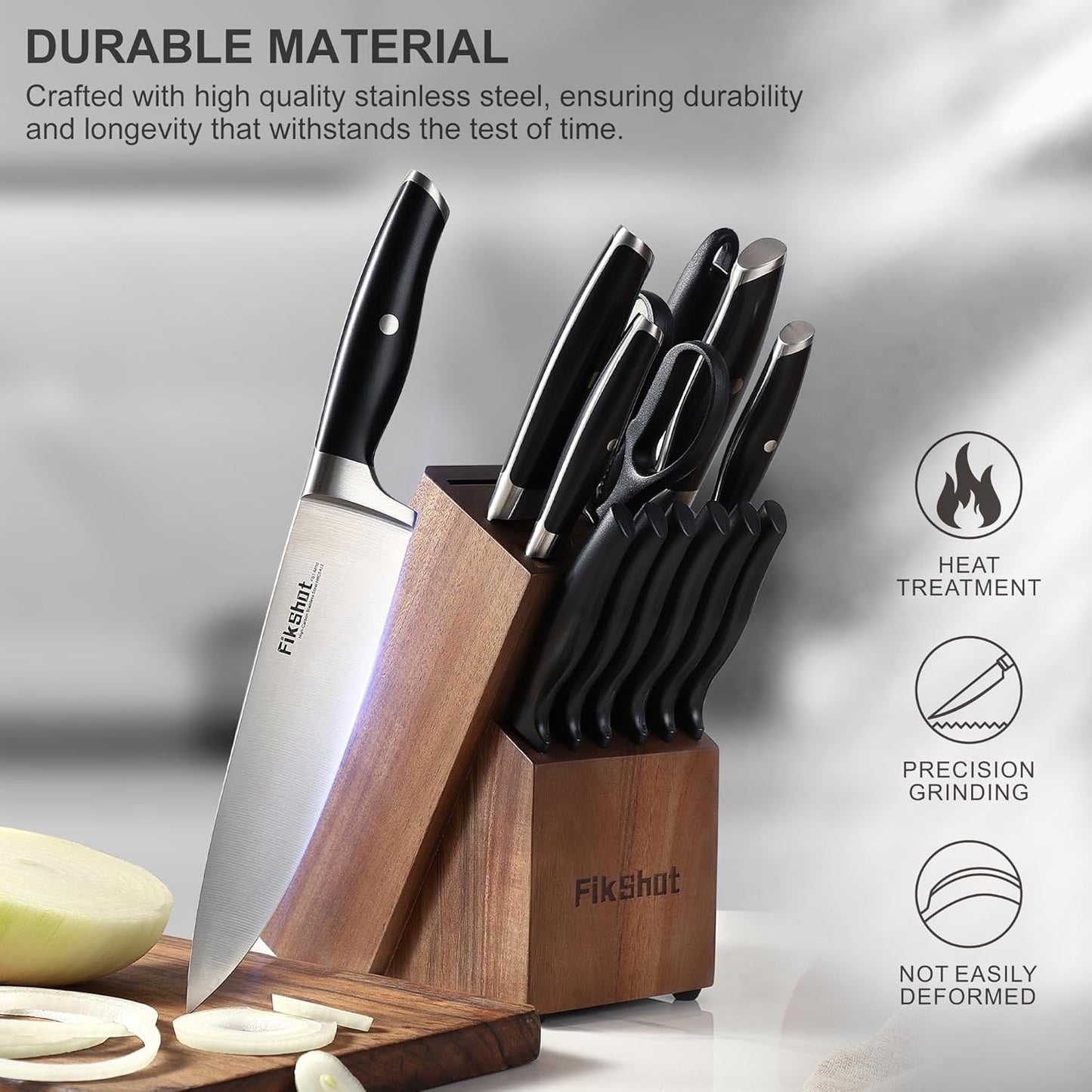FIKSHOT 14 Pieces Knife Block Set German Stainless Steel with Sharpener | Razor-Sharp Santoku Knives, Fruit & Kitchen Knives, Rust Resistant for Homecooks, BBQ Prep (Silver + Walnut)