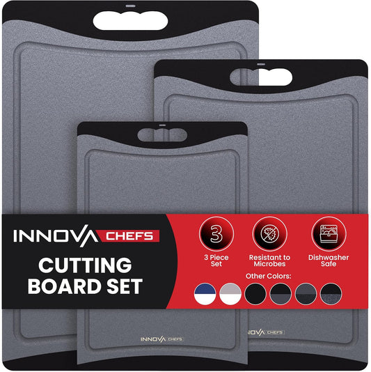 Plastic Cutting Boards for Kitchen (Gray/Black) - 3-Pack of Non-Slip and Reversible Plastic Cutting Board Set for Easy Slicing - Knife-Friendly Chopping Board Set with Juice Grooves