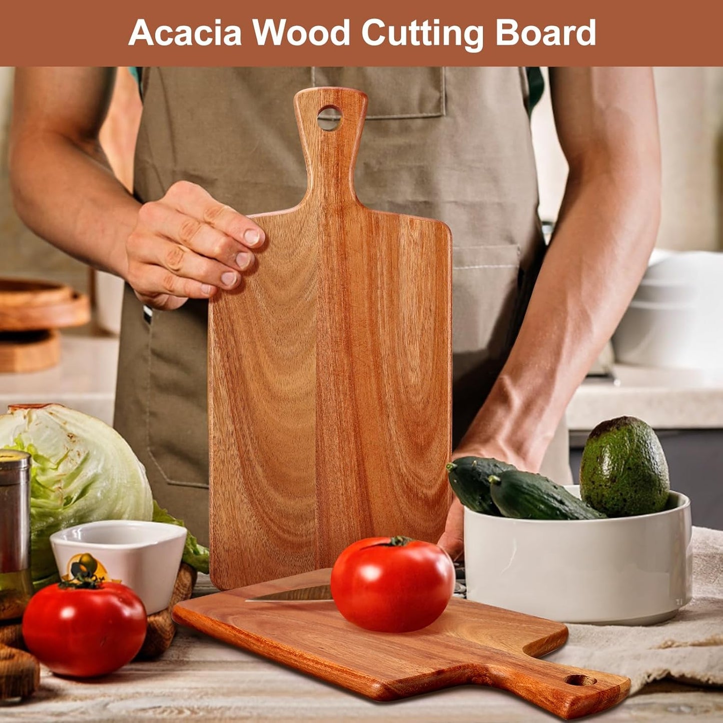 Large Acacia Wood Cutting Board with Handle Wooden Charcuterie Board Kitchen Chopping Block for Meat Cheese Vegetable Bread Fruit Serving Boards Wood Butcher Block Carving Board, 17" X 13"