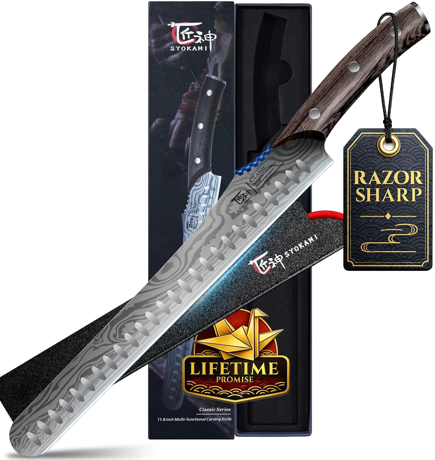 Brisket Slicing Knife, 12 Inch Multifunction Carving Knife for Meat Cutting, Japanese Style Meat Slicer with Wood Full Tang Handle, Damascus Pattern Long Slicing for Roast Beef, Ideal for Gift