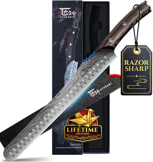 Brisket Slicing Knife, 12 Inch Multifunction Carving Knife for Meat Cutting, Japanese Style Meat Slicer with Wood Full Tang Handle, Damascus Pattern Long Slicing for Roast Beef, Ideal for Gift
