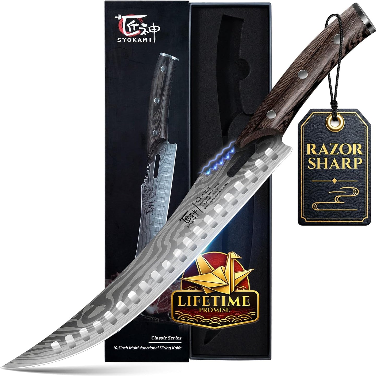 Brisket Slicing Knife, 12 Inch Multifunction Carving Knife for Meat Cutting, Japanese Style Meat Slicer with Wood Full Tang Handle, Damascus Pattern Long Slicing for Roast Beef, Ideal for Gift