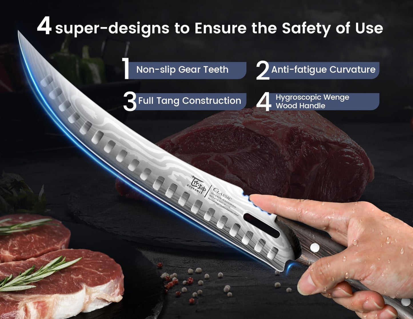 Brisket Slicing Knife, 12 Inch Multifunction Carving Knife for Meat Cutting, Japanese Style Meat Slicer with Wood Full Tang Handle, Damascus Pattern Long Slicing for Roast Beef, Ideal for Gift