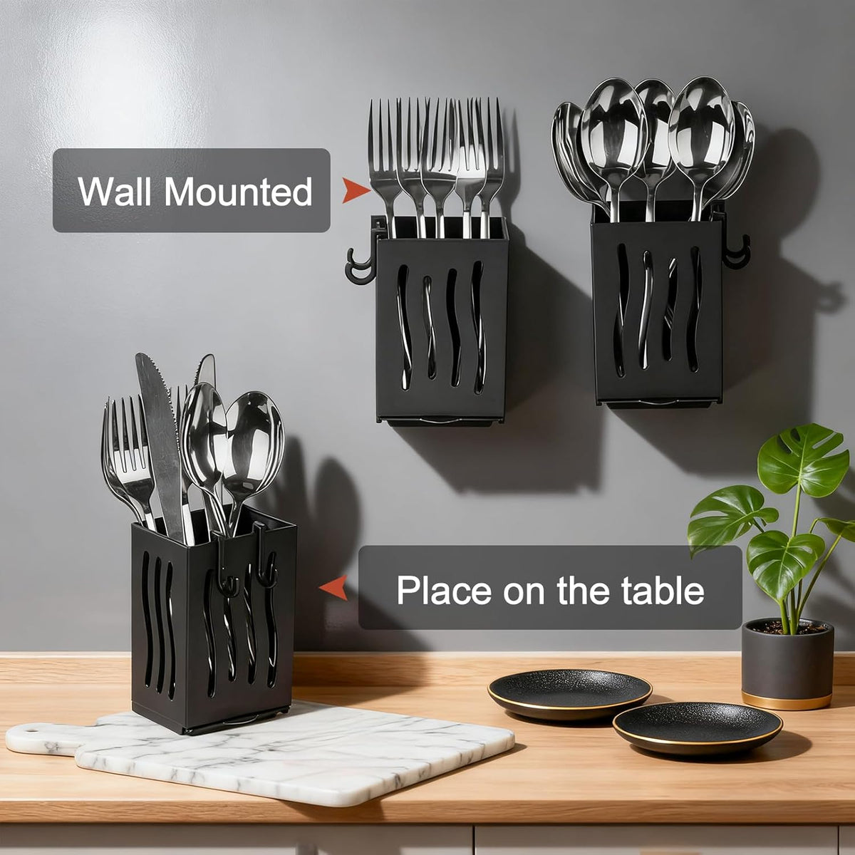 Utensil Drying Rack, 4Pcs Wall Mounted Utensil Holder Kitchen Drainage Basket Accessories, Plastic Dish Drainer Cutlery Knife Fork Spoon Holder Organizer, with Drain tray and Hooks