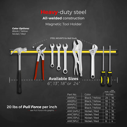 6" Magnetic Bar Tool Organizer - Easy to Install Magnet Storage Holder for House, Garage, Shed, or Job Site - Black Powder Coat