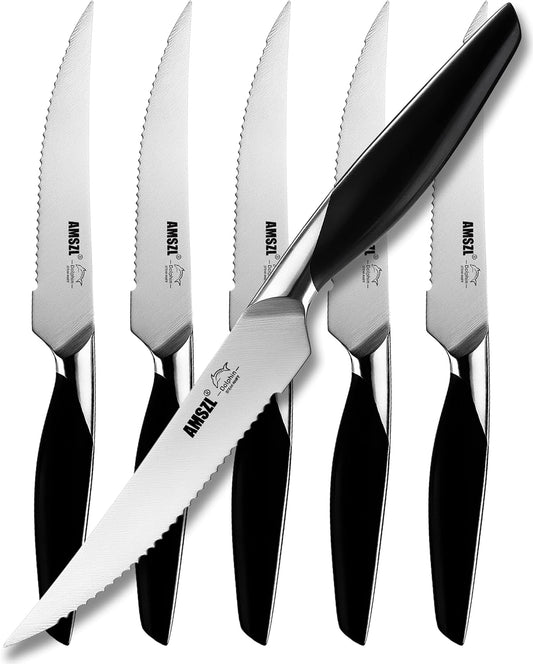 Steak Knives Set of 6 Serrated German 1.4116 Steel | German 1.4116 Steel Serrated Steak Knives Set of 6, Full Tang Construction, Top Rack Dishwasher Safe