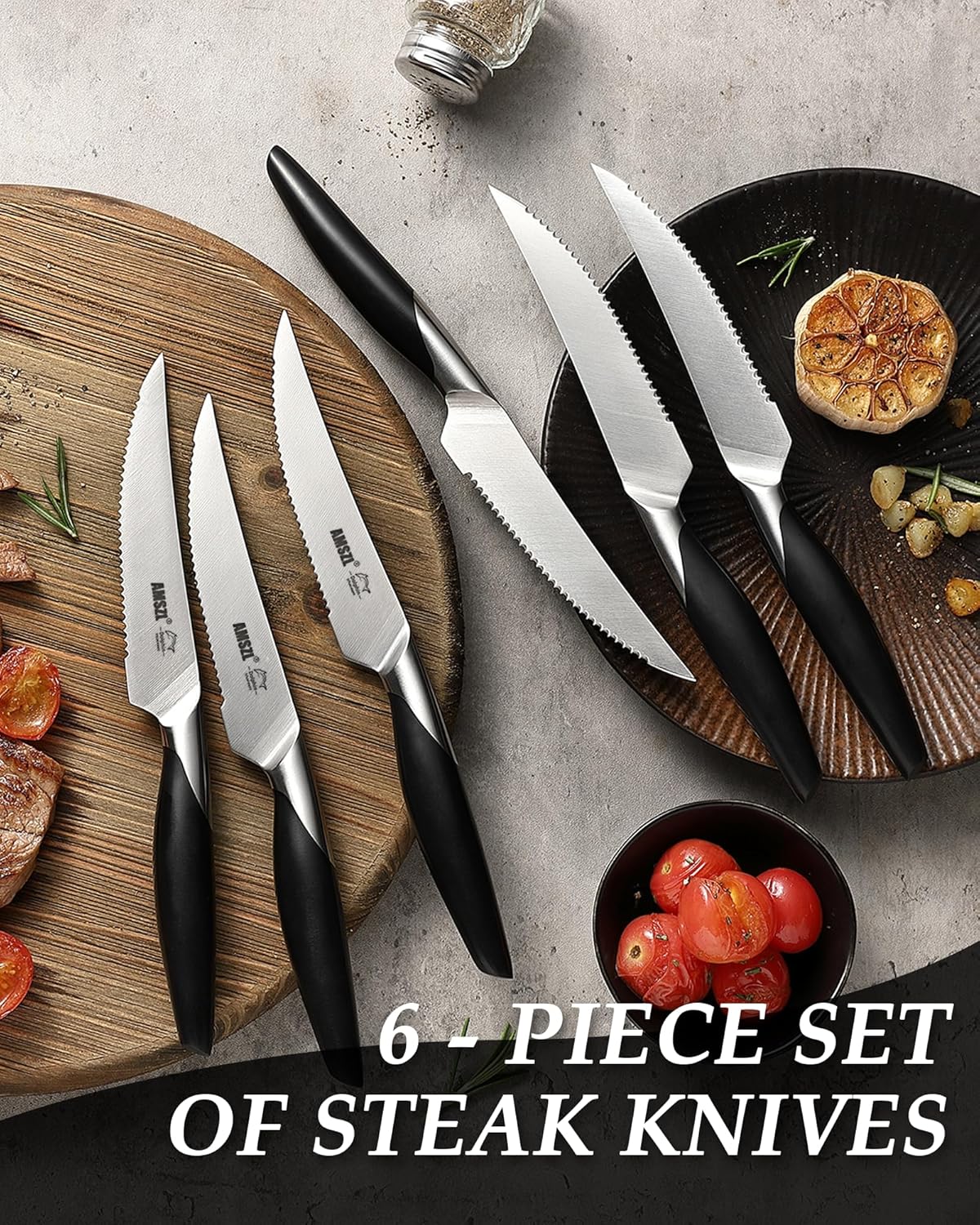 Steak Knives Set of 6 Serrated German 1.4116 Steel | German 1.4116 Steel Serrated Steak Knives Set of 6, Full Tang Construction, Top Rack Dishwasher Safe