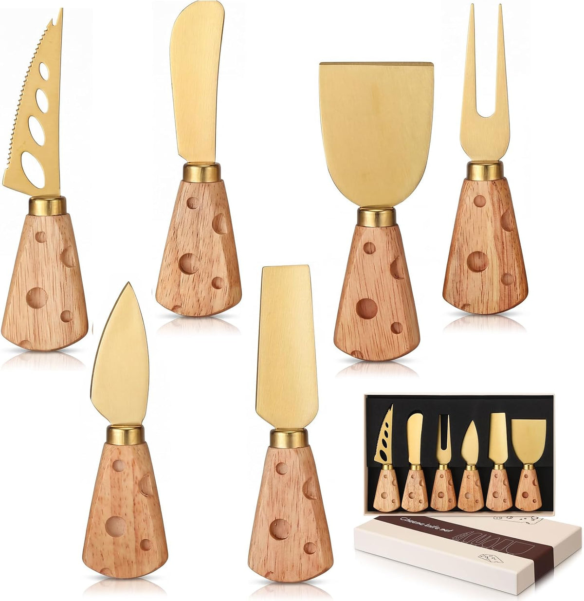 6 Pcs Gold Cheese Knives Set Tools Stainless Steel Cheese Slicer and Cutters for Kitchen Board Knife Set for Kitchen Charcuterie Board Accessories Housewarming Gift