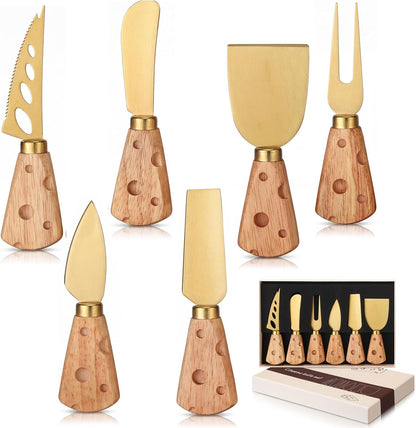 6 Pcs Gold Cheese Knives Set Tools Stainless Steel Cheese Slicer and Cutters for Kitchen Board Knife Set for Kitchen Charcuterie Board Accessories Housewarming Gift
