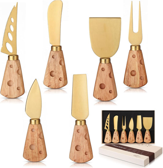 6 Pcs Gold Cheese Knives Set Tools Stainless Steel Cheese Slicer and Cutters for Kitchen Board Knife Set for Kitchen Charcuterie Board Accessories Housewarming Gift