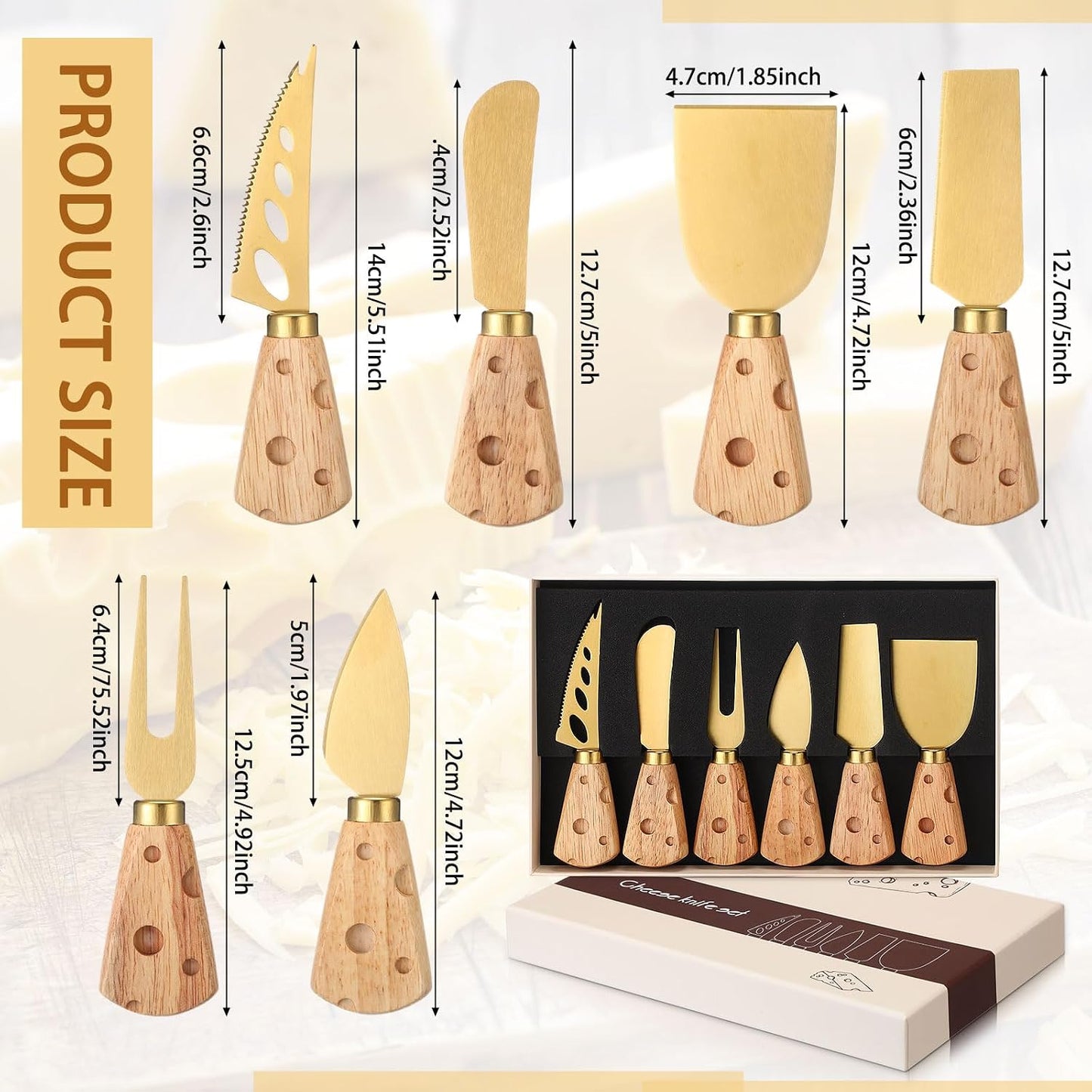 6 Pcs Gold Cheese Knives Set Tools Stainless Steel Cheese Slicer and Cutters for Kitchen Board Knife Set for Kitchen Charcuterie Board Accessories Housewarming Gift