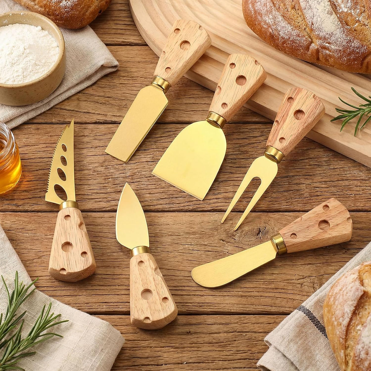 6 Pcs Gold Cheese Knives Set Tools Stainless Steel Cheese Slicer and Cutters for Kitchen Board Knife Set for Kitchen Charcuterie Board Accessories Housewarming Gift