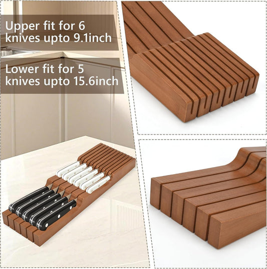 In-drawer Knife Block, Bamboo Kitchen Knife Drawer Organizer Steak Knife Holder without Knives, Fit for 11 Knives