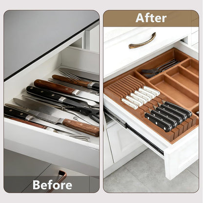 In-drawer Knife Block, Bamboo Kitchen Knife Drawer Organizer Steak Knife Holder without Knives, Fit for 11 Knives
