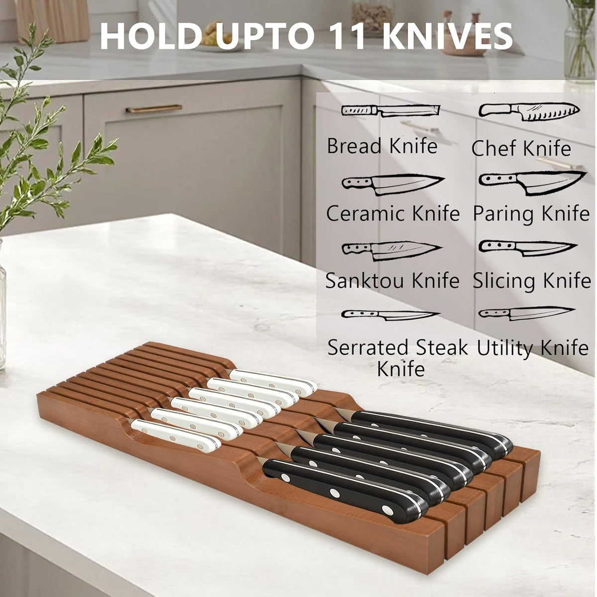 In-drawer Knife Block, Bamboo Kitchen Knife Drawer Organizer Steak Knife Holder without Knives, Fit for 11 Knives