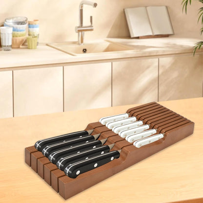 In-drawer Knife Block, Bamboo Kitchen Knife Drawer Organizer Steak Knife Holder without Knives, Fit for 11 Knives