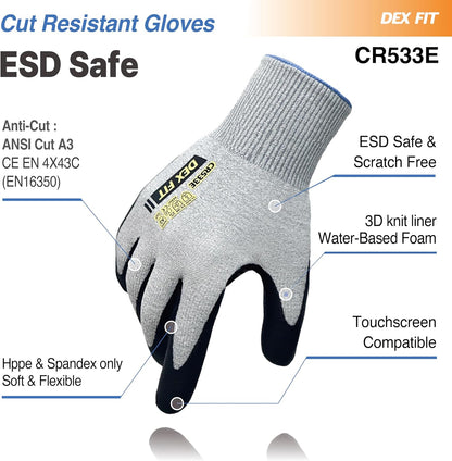 Cut Resistant Gloves A3 CR533E FN330E Fiberglass-Free No Itch Safety Gloves Anti-Static ESD Safe Touchscreen Nitrile