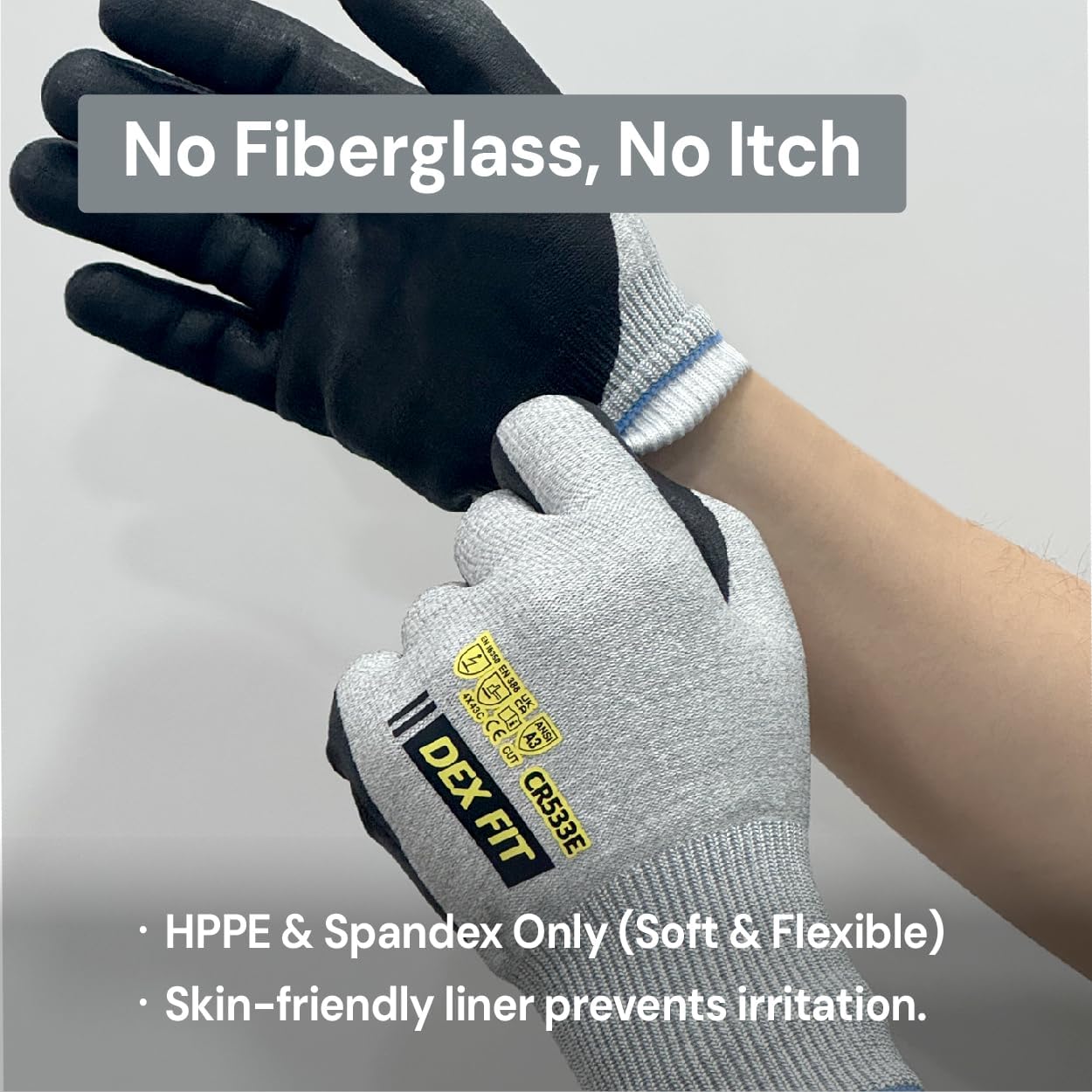 Cut Resistant Gloves A3 CR533E FN330E Fiberglass-Free No Itch Safety Gloves Anti-Static ESD Safe Touchscreen Nitrile