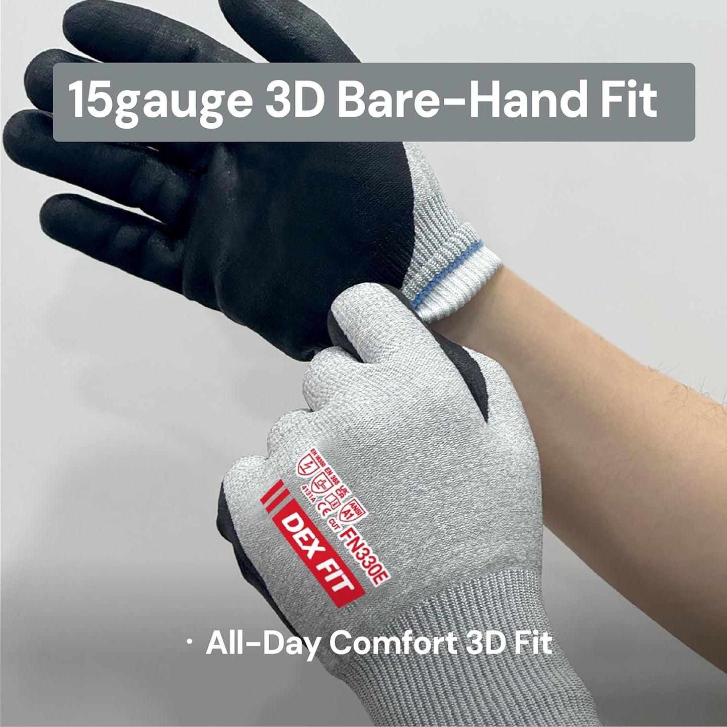 Cut Resistant Gloves A3 CR533E FN330E Fiberglass-Free No Itch Safety Gloves Anti-Static ESD Safe Touchscreen Nitrile