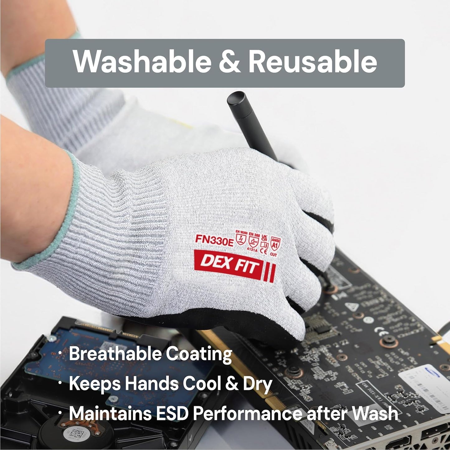 Cut Resistant Gloves A3 CR533E FN330E Fiberglass-Free No Itch Safety Gloves Anti-Static ESD Safe Touchscreen Nitrile