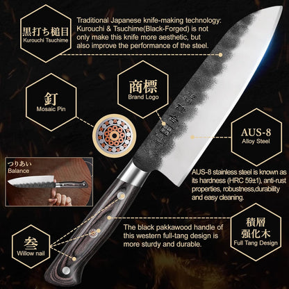 7 Inch Santoku Knife, Black Forged Japanese Chef Knife with AUS-8 Alloy Steel, Japanese Santoku Knife with Full Tang Pakkawood Handle, Christmas Gift with Premium Box (7 Inch Santoku Knife)