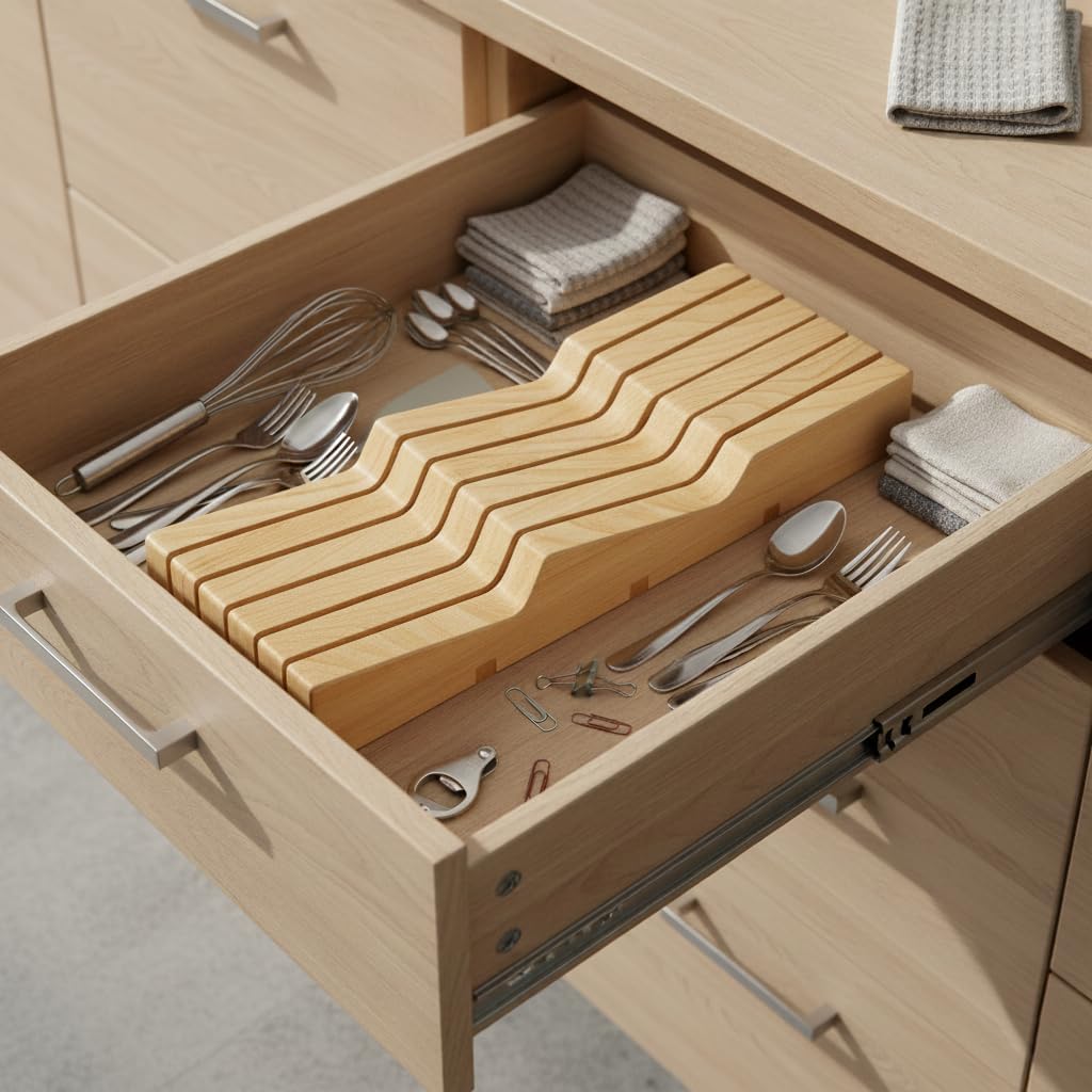Rubberwood Universal Knife Block, Kitchen Knife Drawer Organizer In-Drawer Knife Holder for 11 Knives (Not Included), Space Saver Knives Storage