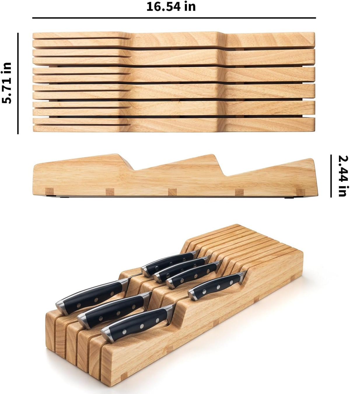 Rubberwood Universal Knife Block, Kitchen Knife Drawer Organizer In-Drawer Knife Holder for 11 Knives (Not Included), Space Saver Knives Storage