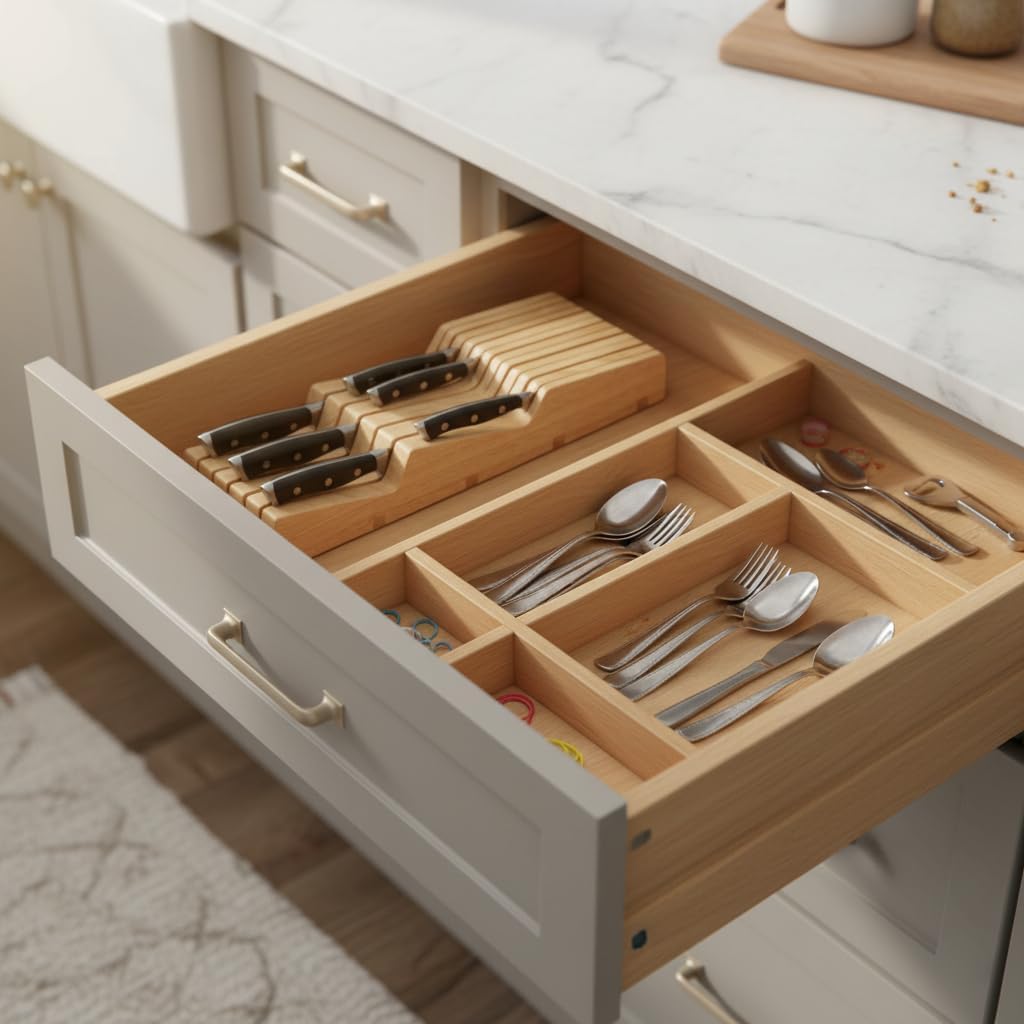 Rubberwood Universal Knife Block, Kitchen Knife Drawer Organizer In-Drawer Knife Holder for 11 Knives (Not Included), Space Saver Knives Storage