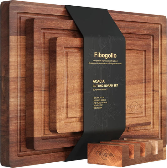 Acacia Wood Cutting Boards for Kitchen(Set of 3),Wooden Chopping Boards Set with Juice Groove,Serving Board with Holder,Butcher Block for Meat,Vegetables,Fruit