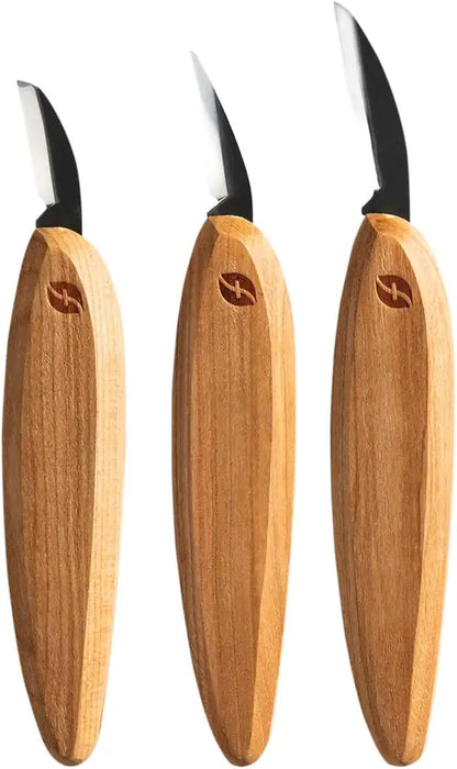 Premium Series Wood Carving Tool Set, 3-Knife Starter Kit with Cutting, Detail, and Roughing Knives, Ergonomic Cherry Wood Handles, USA Made